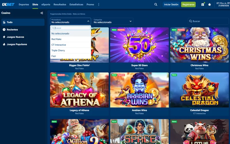 Filtro de proveedores de 1xBet casino con cuatro nombres