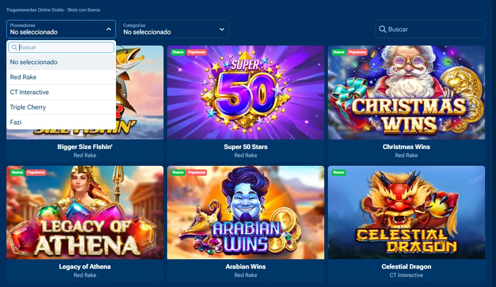 Lobby de tragamonedas de 1xBet casino Perú con el filtro de proveedores abierto: Red Rake, CT Interactive, Triple Cherry y Fazi