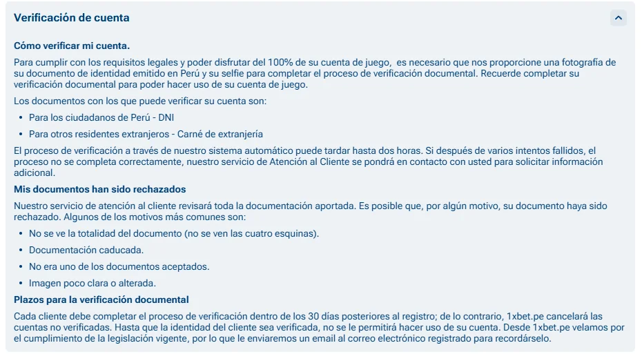 Preguntas frecuentes de 1xBet casino Perú sobre verificación de cuenta: DNI o carné de extranjería, selfie, hasta dos horas y plazo de 30 días