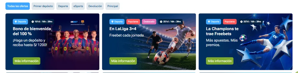 Página de promociones de 1xBet Perú con filtros Primer depósito, Deporte, eSports y Devolución, y todas las ofertas etiquetadas como Deporte