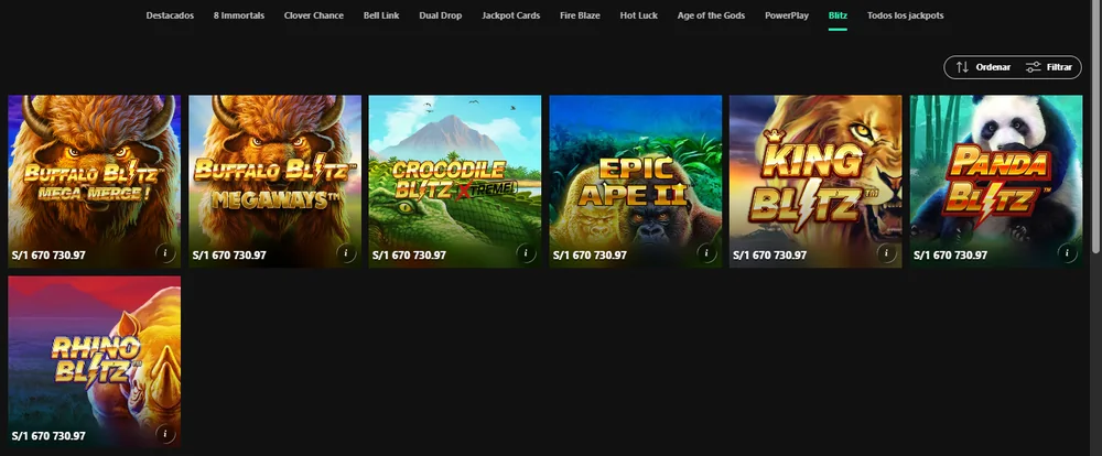 Pestaña Blitz de bet365 casino con 7 juegos y un pozo de S/1,670,730.97: Buffalo Blitz, Crocodile Blitz, Epic Ape II, King Blitz, Panda Blitz y Rhino Blitz