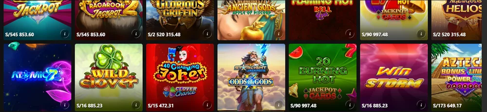 Fila Todos los jackpots de bet365 casino con pozos de S/545,853.60, S/2,520,315.48, S/90,997.48, S/16,885.23, S/15,472.31 y S/173,649.17
