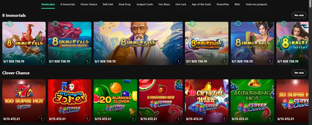 Sección Jackpots de bet365 casino Perú con las pestañas 8 Immortals, Clover Chance, Bell Link, Dual Drop, Jackpot Cards, Fire Blaze, Hot Luck, Age of the Gods, PowerPlay y Blitz