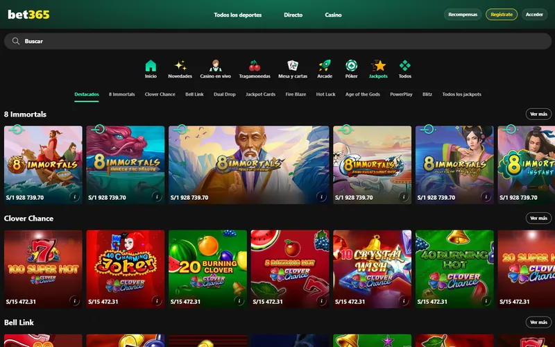Sección de jackpots de bet365 casino con sus pestañas por familia
