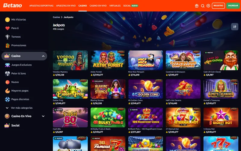 Sección de jackpots de Betano casino con el pozo bajo cada ficha