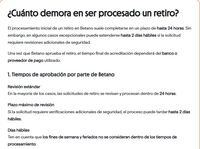 Artículo del centro de ayuda de Betano casino: el retiro se procesa en hasta 24 horas y puede extenderse hasta 2 días hábiles