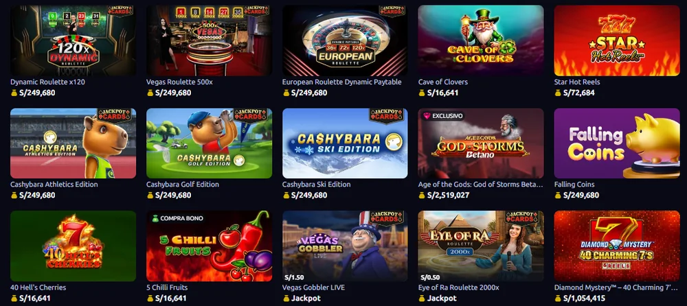 Lista de jackpots de Betano casino con Age of the Gods God of Storms Betano en S/2,519,027 y Diamond Mystery 40 Charming 7's en S/1,054,415