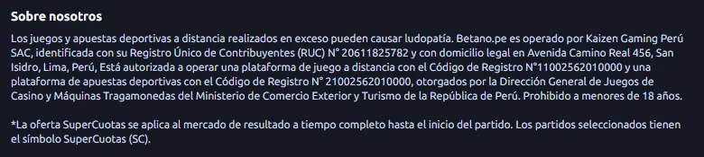 Pie de página de betano.pe con Kaizen Gaming Perú SAC, RUC 20611825782 y los códigos de registro MINCETUR 11002562010000 y 21002562010000