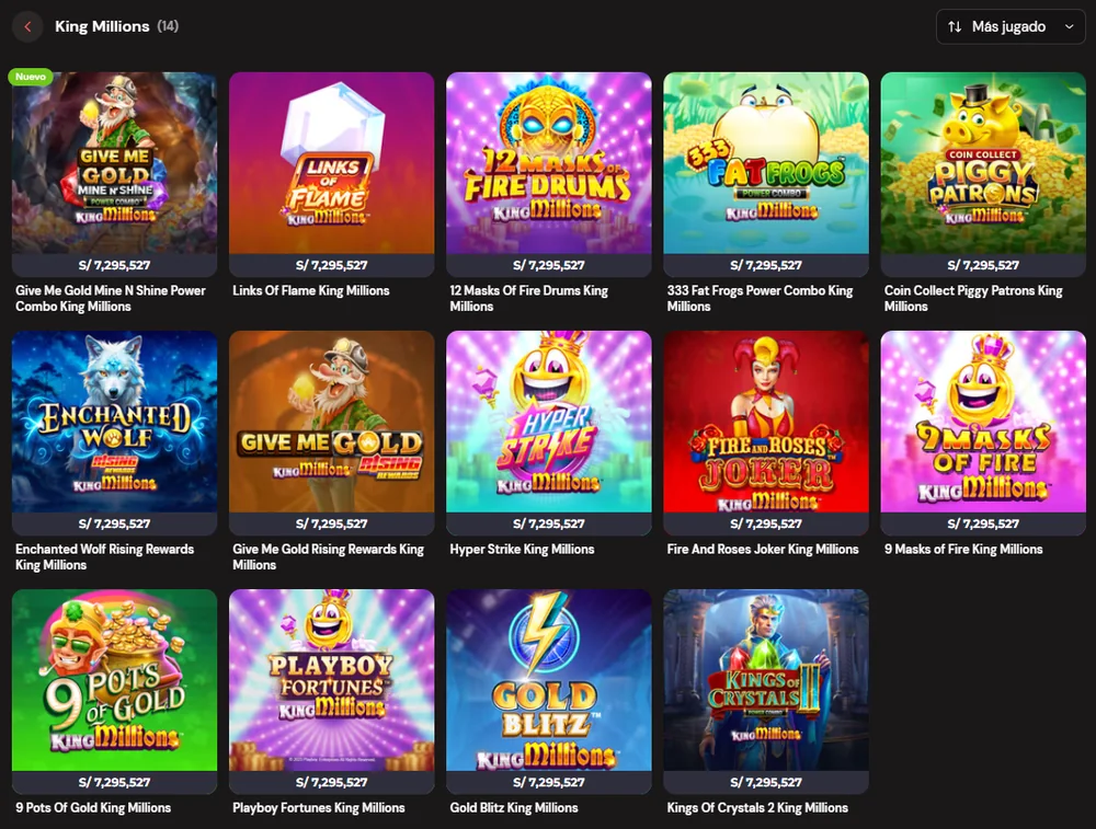 Colección King Millions de Betsafe casino con 14 juegos y el mismo pozo de S/7,295,527 bajo cada ficha