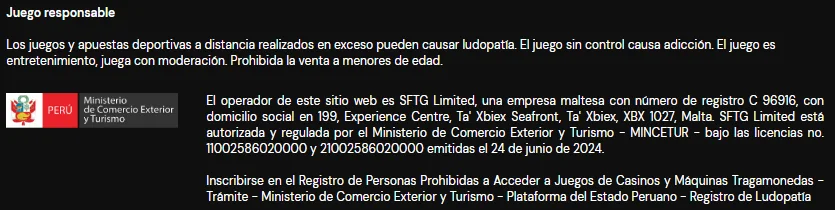 Pie de página de betsafe.pe: SFTG Limited, empresa maltesa C 96916, licencias MINCETUR 11002586020000 y 21002586020000 emitidas el 24 de junio de 2024