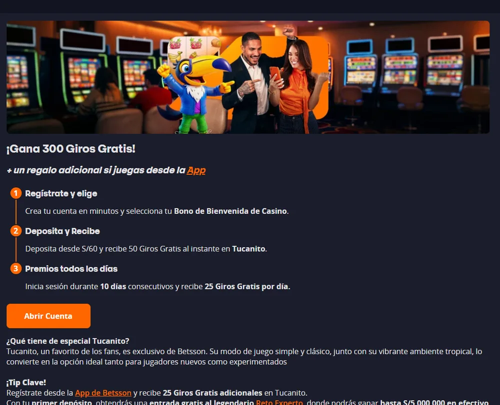 Página de la oferta de bienvenida de Betsson casino: 300 giros gratis en Tucanito con depósito desde S/60