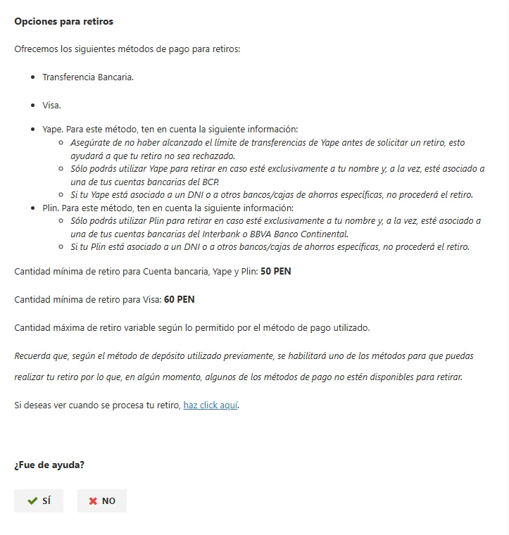 Opciones de retiro de Betsson casino en Perú: transferencia bancaria, Visa, Yape y Plin, con mínimo de 50 soles y las condiciones de Yape y Plin