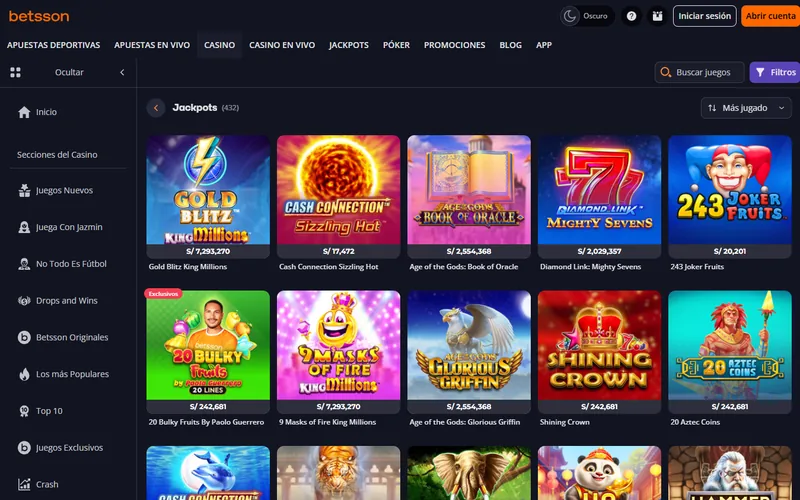 Sección de jackpots de Betsson casino con el pozo bajo cada ficha