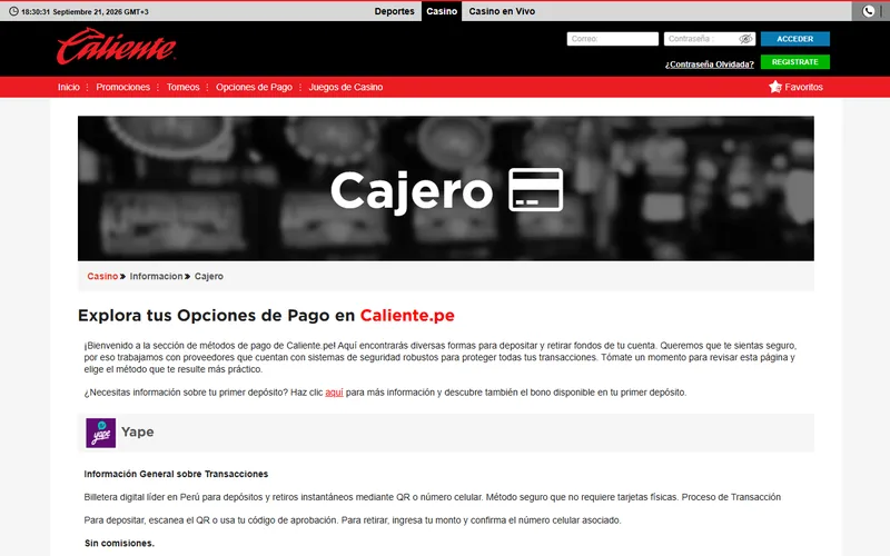 Página Cajero de Caliente Perú con sus medios de pago