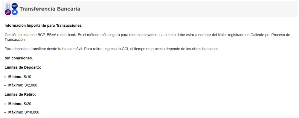 Página Cajero de Caliente casino Perú, ficha de transferencia bancaria con BCP, BBVA e Interbank: depósito de S/10 a S/2,000 y retiro de S/20 a S/10,000, sin comisiones