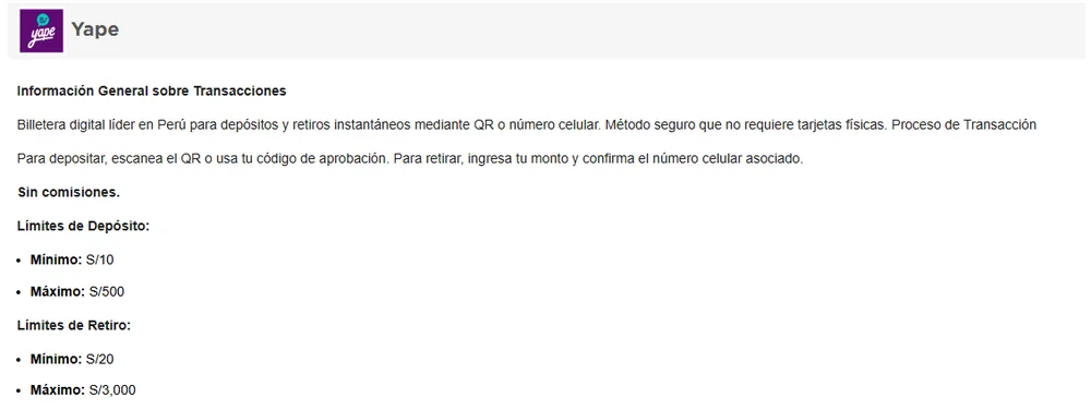 Página Cajero de Caliente casino Perú, ficha de Yape: sin comisiones, depósito de S/10 a S/500 y retiro de S/20 a S/3,000