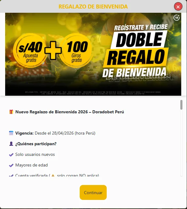 Regalazo de Bienvenida de Doradobet Perú: S/40 de apuesta gratis más 100 giros gratis, vigente desde el 28 de abril de 2026, solo usuarios nuevos con cuenta verificada