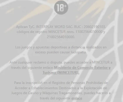 Pie de página de doradobet.com: Interplay Word SAC, RUC 20602190103, códigos de registro MINCETUR 11002564010000 y 21002564010000, enlace al MINCETUR y al Registro de Personas Prohibidas