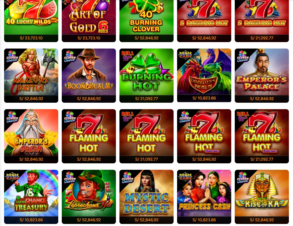 Lobby de jackpots de Inkabet casino con los cuatro pozos a la vista: Jackpot Cards S/23,723.10, Clover Chance S/52,846.92, Bell Link S/21,092.77 y High Cash S/10,823.86