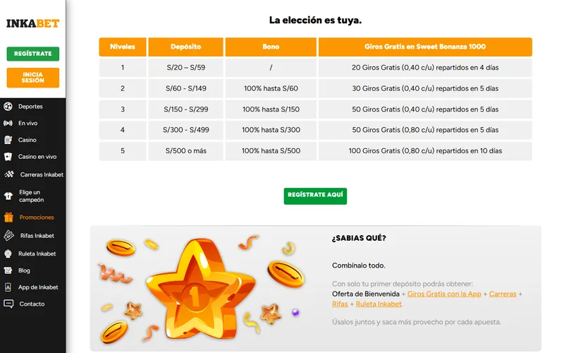 Página del bono de bienvenida de Inkabet casino