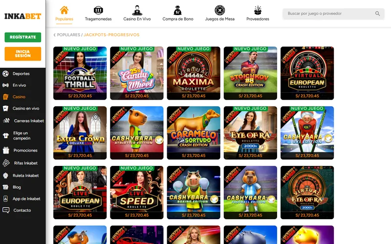 Lobby de Inkabet casino con el menú de productos a la izquierda