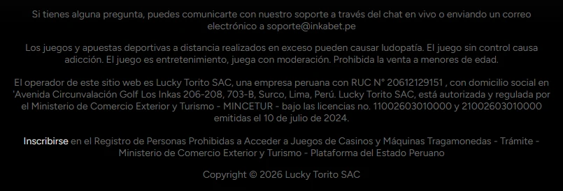 Pie de página de inkabet.pe con el RUC de Lucky Torito SAC y las licencias MINCETUR 11002603010000 y 21002603010000