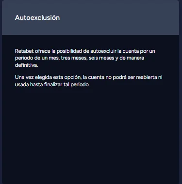 Bloque de autoexclusión en la página de juego responsable de Retabet Perú: periodos de un mes, tres meses, seis meses o de manera definitiva