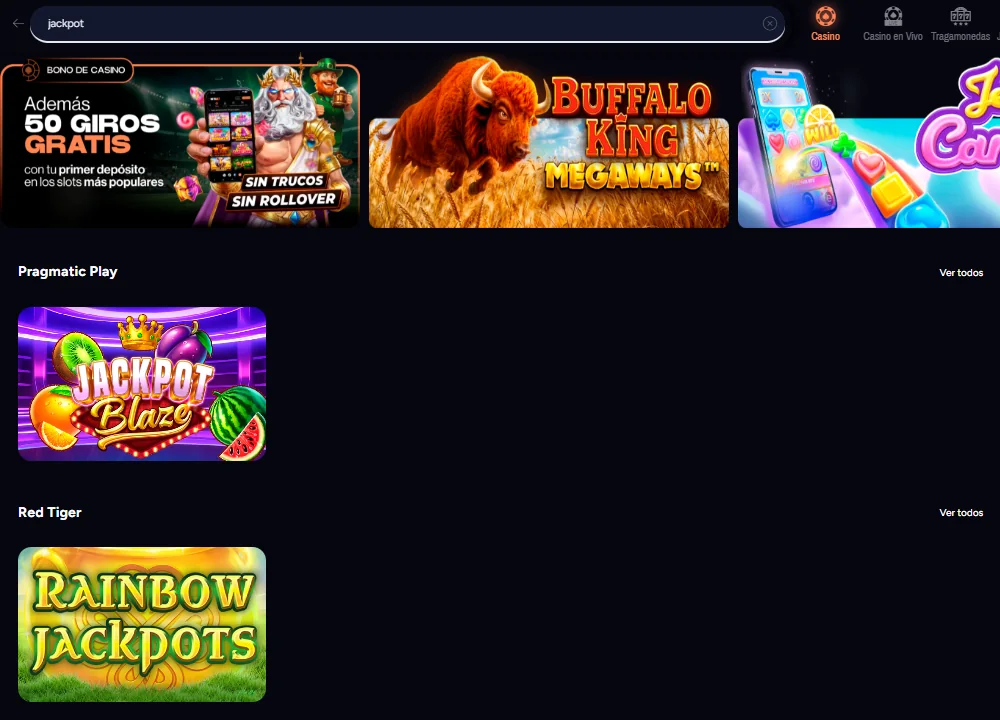 Buscador del casino de Retabet Perú con la palabra jackpot: solo aparecen Jackpot Blaze de Pragmatic Play y Rainbow Jackpots de Red Tiger, sin monto de pozo