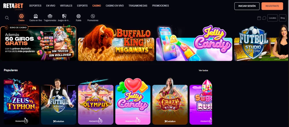 Lobby de Retabet casino Perú con las pestañas Casino, Casino en Vivo, Tragamonedas, Juegos de mesa, Ruleta y Promociones, sin pestaña de jackpots, y el banner del bono de 50 giros gratis