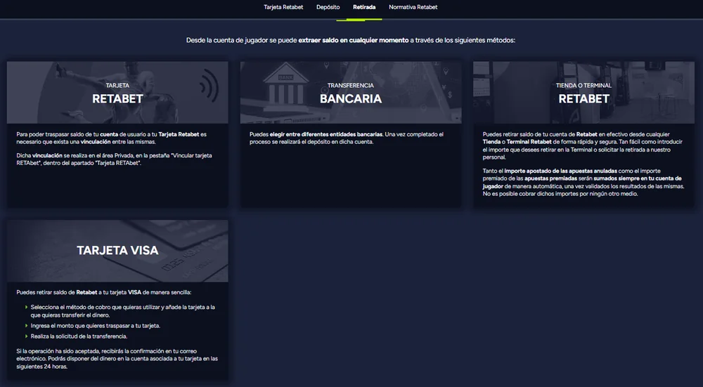 Métodos de cobro de saldo en la ayuda de Retabet casino Perú: Tarjeta Retabet, transferencia bancaria, tienda o terminal Retabet y tarjeta Visa con abono en las siguientes 24 horas