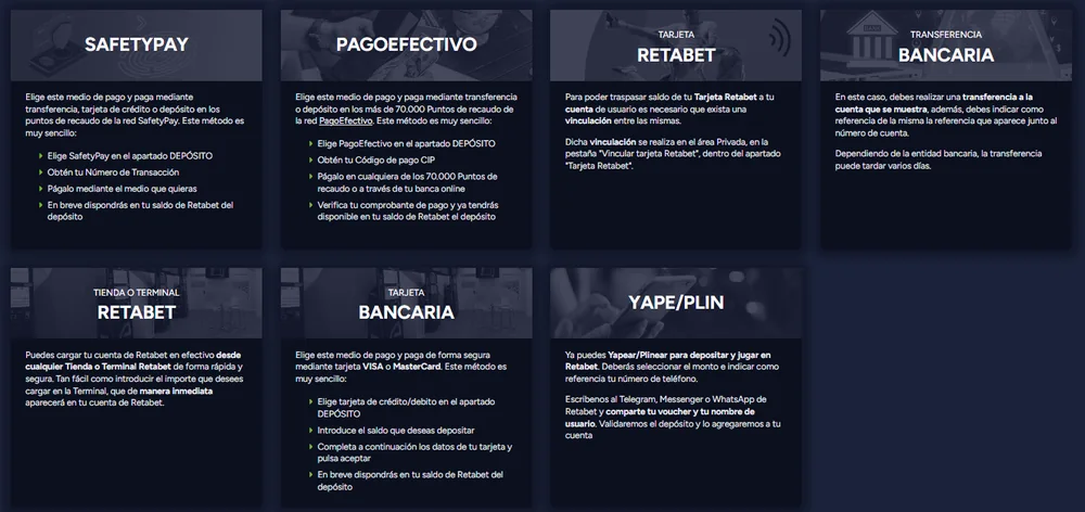 Métodos de depósito de saldo en Retabet casino Perú: SafetyPay, PagoEfectivo, Tarjeta Retabet, transferencia bancaria, tienda o terminal Retabet, tarjeta bancaria Visa o Mastercard y Yape o Plin