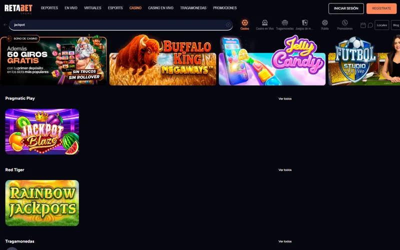 Buscador de Retabet casino con la palabra jackpot