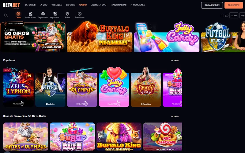 Lobby de casino de Retabet con su menú de productos