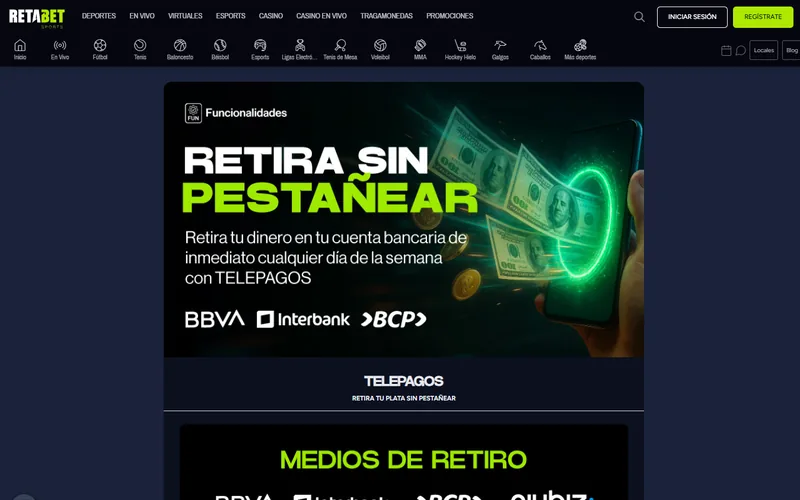 Página de Telepagos de Retabet con sus medios de cobro