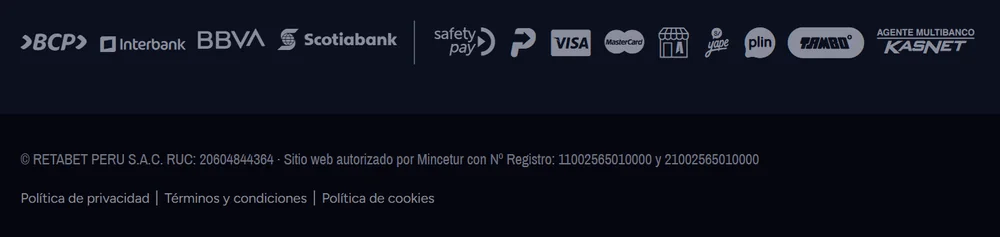 Pie de página de retabet.pe: logos de BCP, Interbank, BBVA, Scotiabank, SafetyPay, PagoEfectivo, Visa, Mastercard, Yape, Plin, Tambo y KasNet, y el texto Retabet Perú S.A.C., RUC 20604844364, sitio autorizado por Mincetur con registros 11002565010000 y 21002565010000