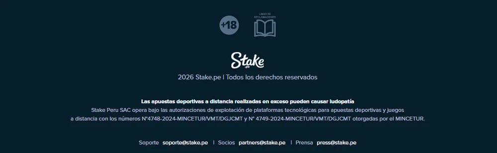 Pie de página de stake.pe: Stake Peru SAC opera bajo las autorizaciones N.° 4748-2024 y N.° 4749-2024 MINCETUR/VMT/DGJCMT, con sello +18 y Libro de Reclamaciones