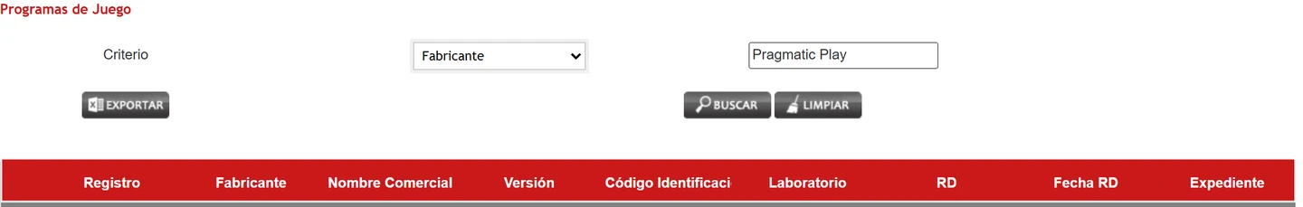 Registro del MINCETUR: la búsqueda por fabricante con el término Pragmatic Play devuelve una tabla de resultados vacía