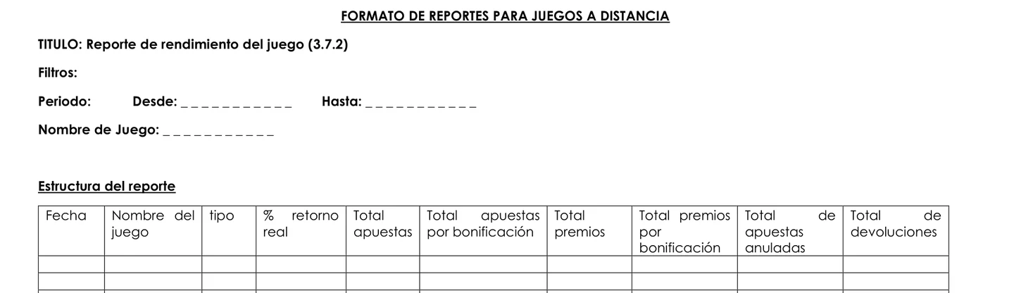 Formato de reporte 3.7.2 de rendimiento del juego, con la columna de porcentaje de retorno real junto al total de apuestas y premios