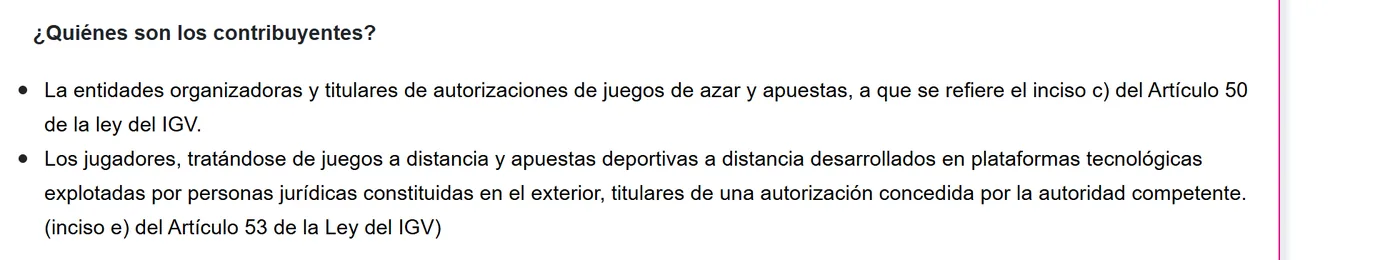 Página de la SUNAT sobre el ISC: los contribuyentes son las entidades organizadoras y los jugadores de juegos a distancia en plataformas del exterior
